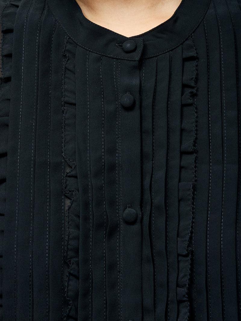 French Connection Frill Sleeveless Henley Button Down Tank Top Black