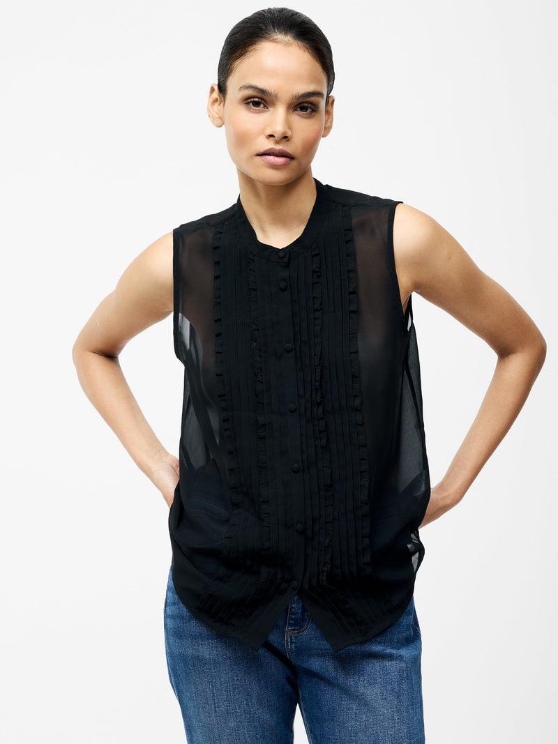French Connection Frill Sleeveless Henley Button Down Tank Top Black