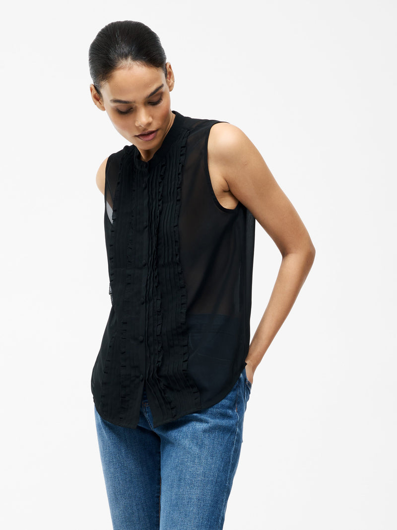 french connection Frill Sleeveless Henley Button Down Tank Top Black