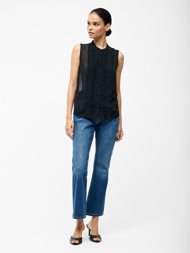 French Connection Frill Sleeveless Henley Button Down Tank Top Black