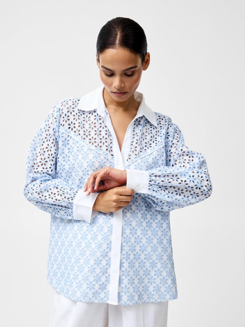 French Connection Galina Cotton Embroidered Shirt Sky Blue