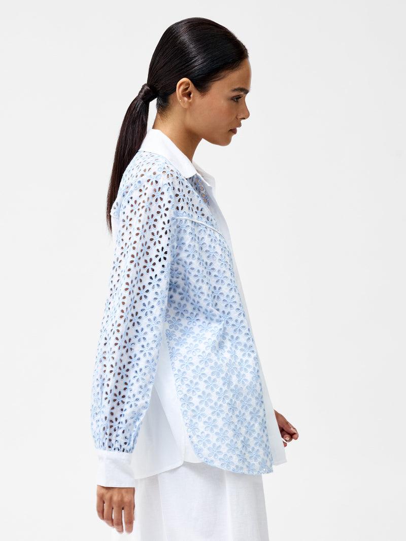 French Connection Galina Cotton Embroidered Shirt Sky Blue