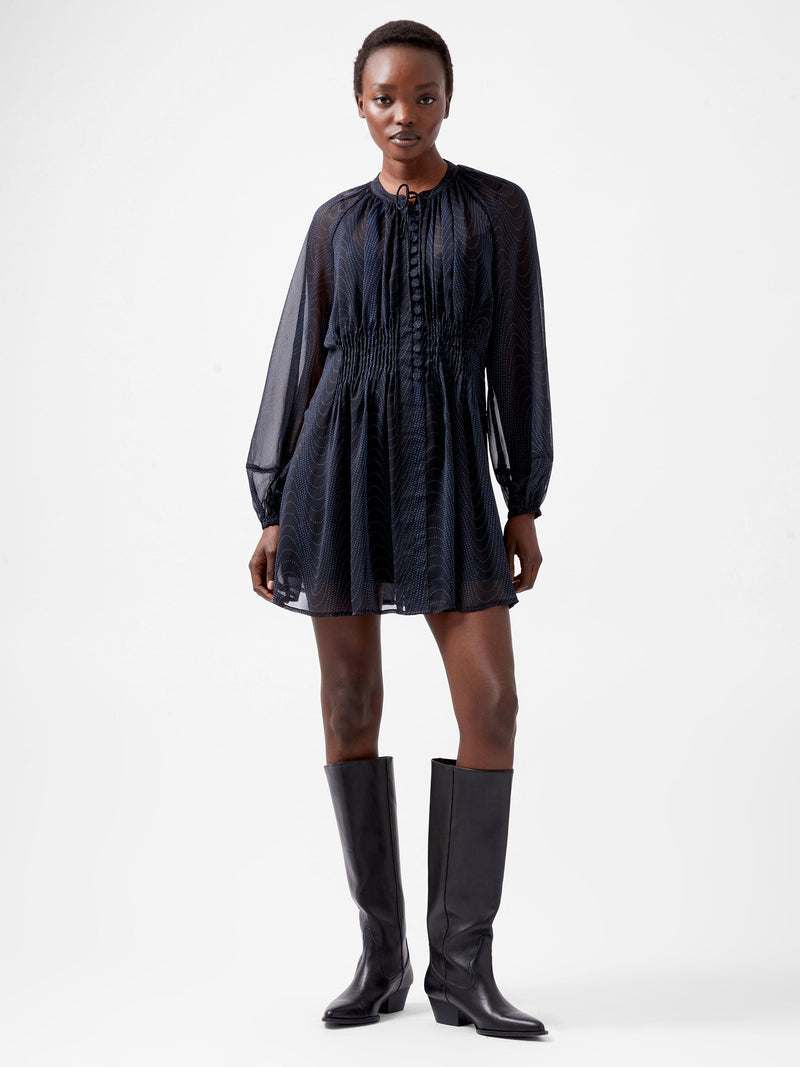 French Connection Grace Artemis Long Sleeve Ruffle Mini Dress Blackout/Chrome Blue