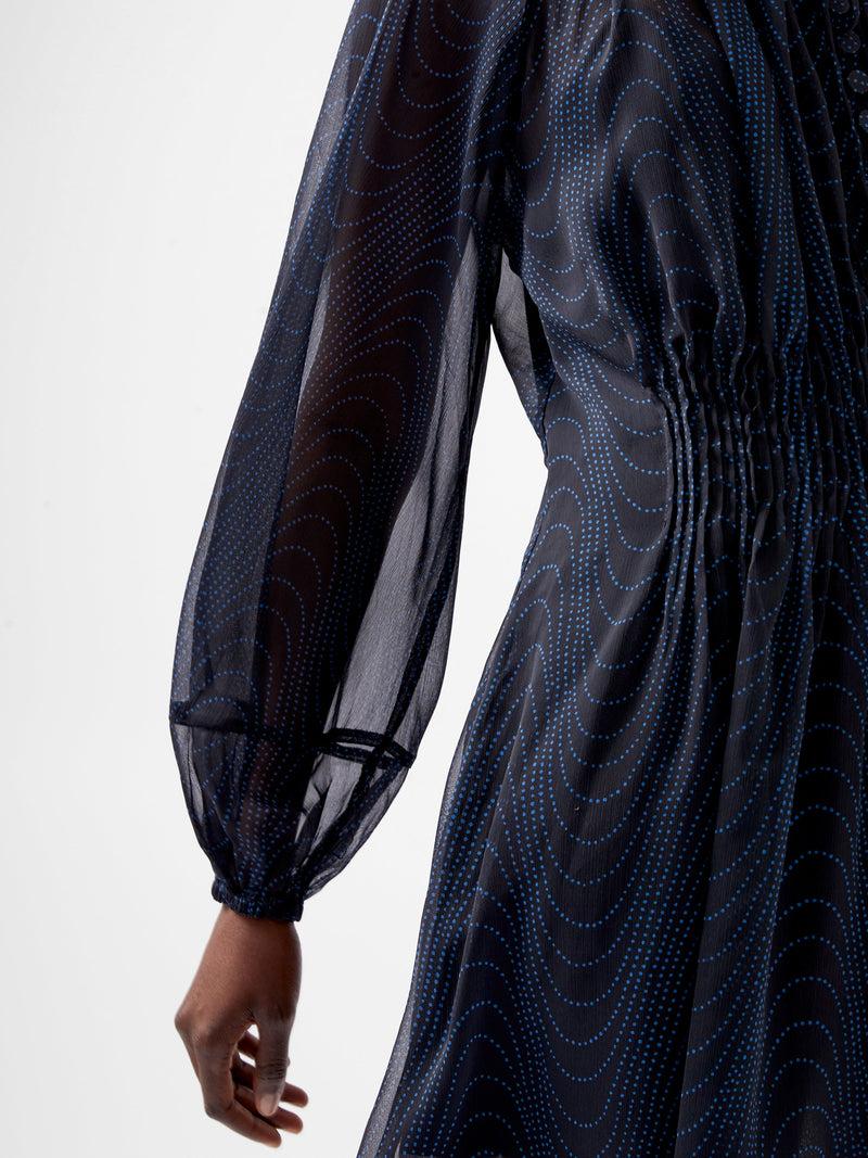 French Connection Grace Artemis Long Sleeve Ruffle Mini Dress Blackout/Chrome Blue