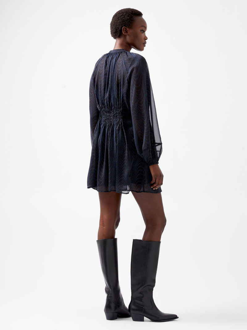 French Connection Grace Artemis Long Sleeve Ruffle Mini Dress Blackout/Chrome Blue
