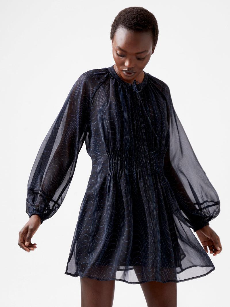 french connection Grace Artemis Long Sleeve Ruffle Mini Dress Blackout/Chrome Blue