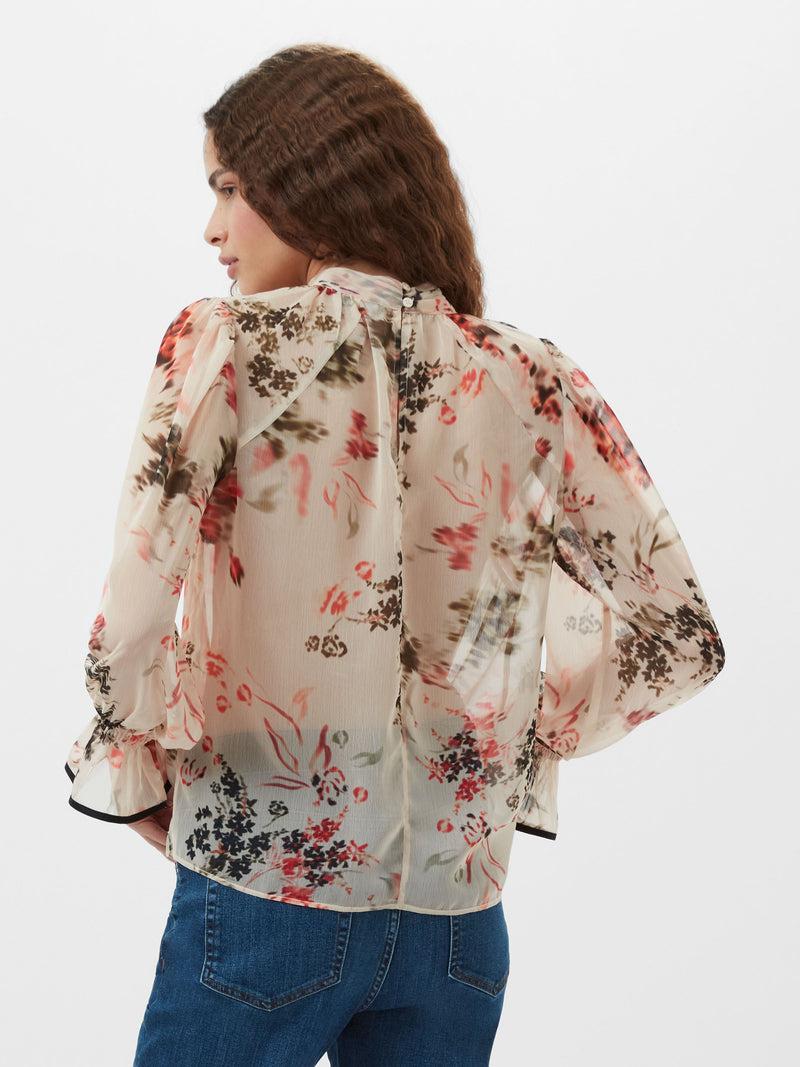 French Connection Hallie Crinkle Contrast Floral Top Cream/Scarlet Red Multi