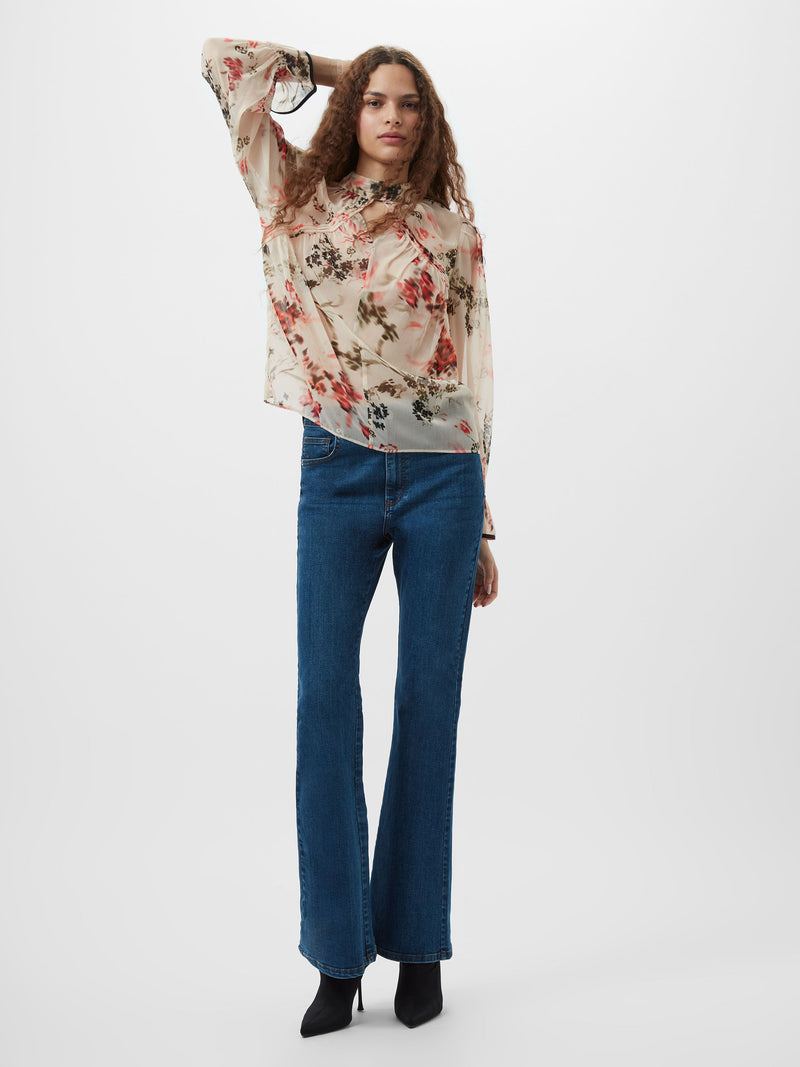French Connection Hallie Crinkle Contrast Floral Top Cream/Scarlet Red Multi