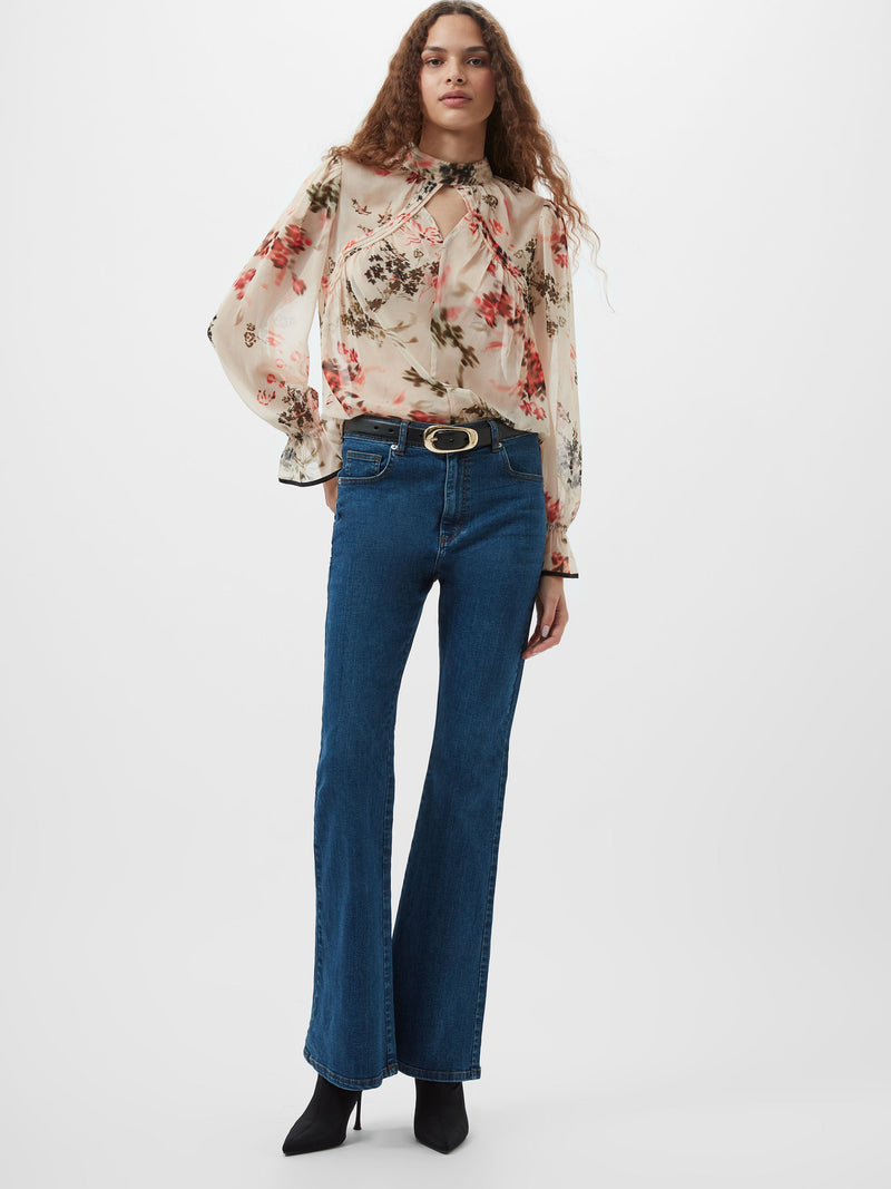 French Connection Hallie Crinkle Contrast Floral Top Cream/Scarlet Red Multi