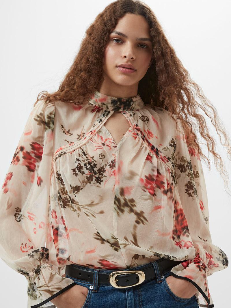french connection Hallie Crinkle Contrast Floral Top Cream/Scarlet Red Multi