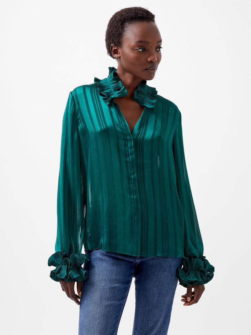 french connection Hannielie Ruffle Neck Long Sleeve Shirt Forest