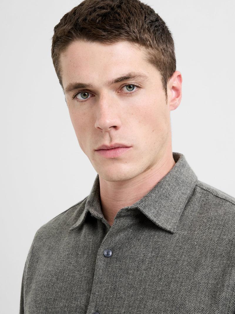 French Connection Herringbone Long Sleeve Regular Fit Shirt Grey