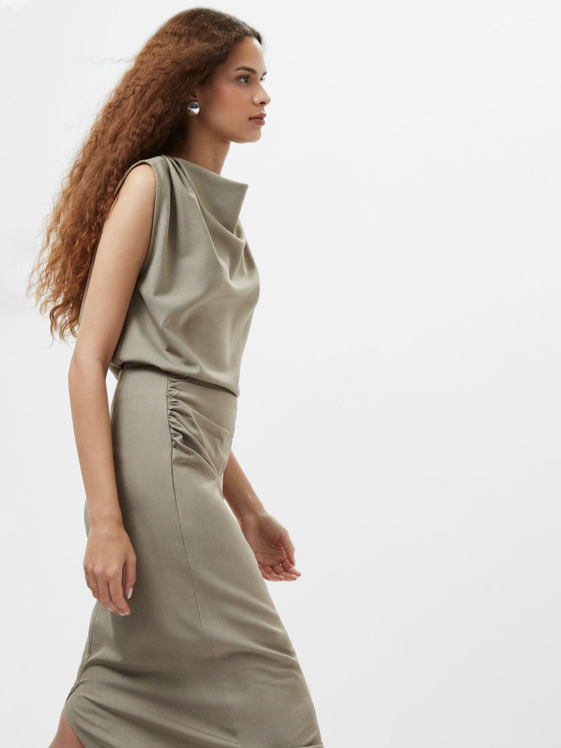 French Connection Imola Ruched Midi Skirt Green Smoke