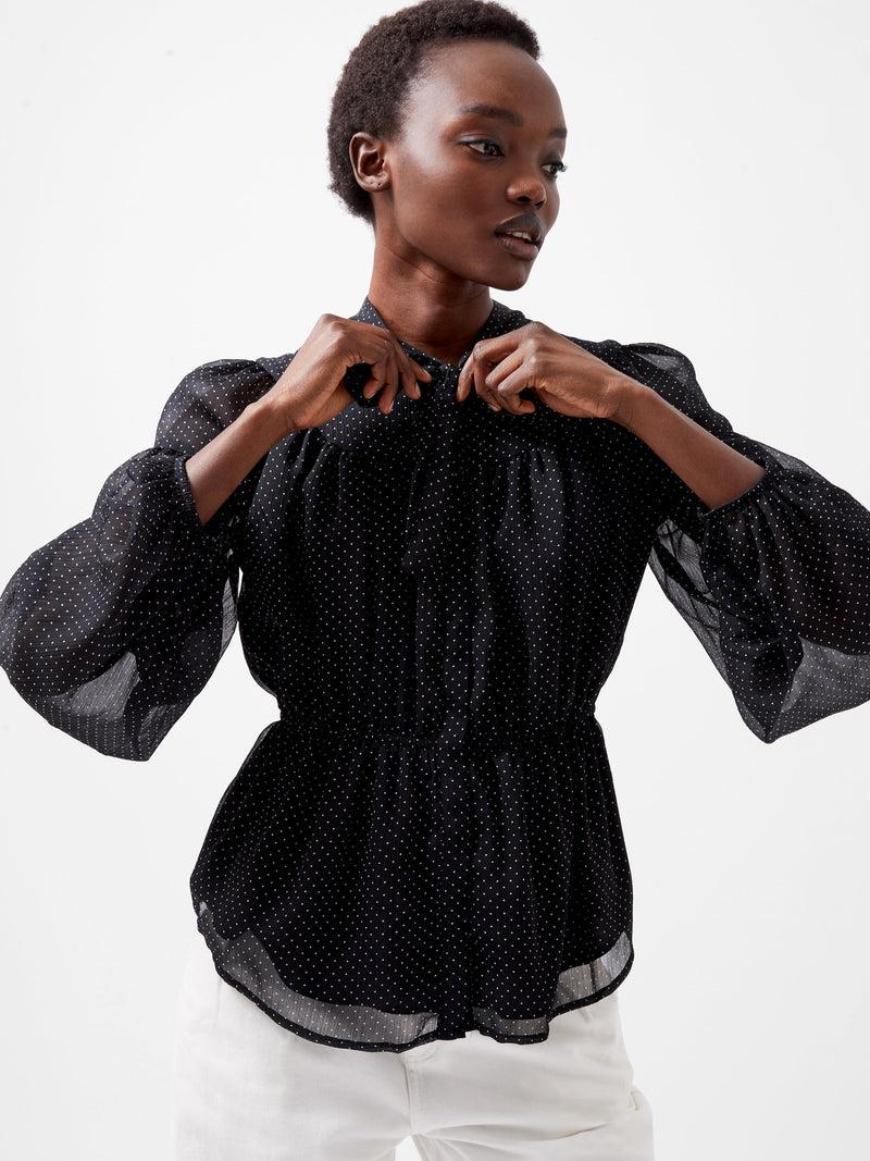 french connection Ines Chiffon Fitted Waist Blouse Blackout/Summer Whit