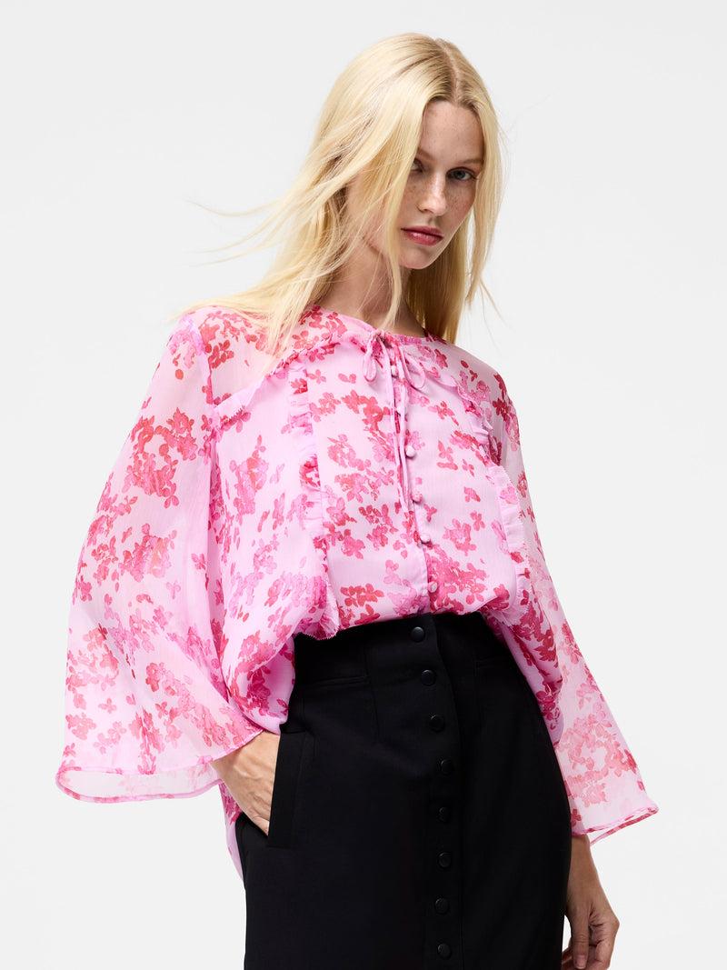 French Connection Isla Hallie Crinkle Tie Neck Top Violet Pink Multi