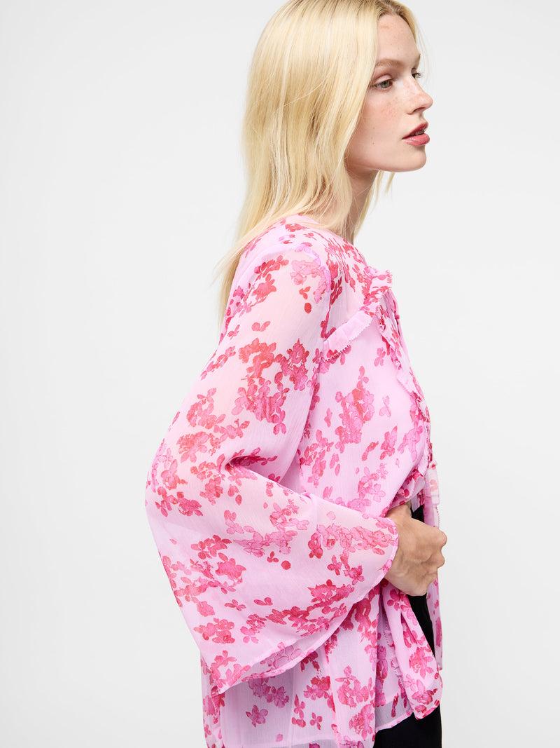 French Connection Isla Hallie Crinkle Tie Neck Top Violet Pink Multi