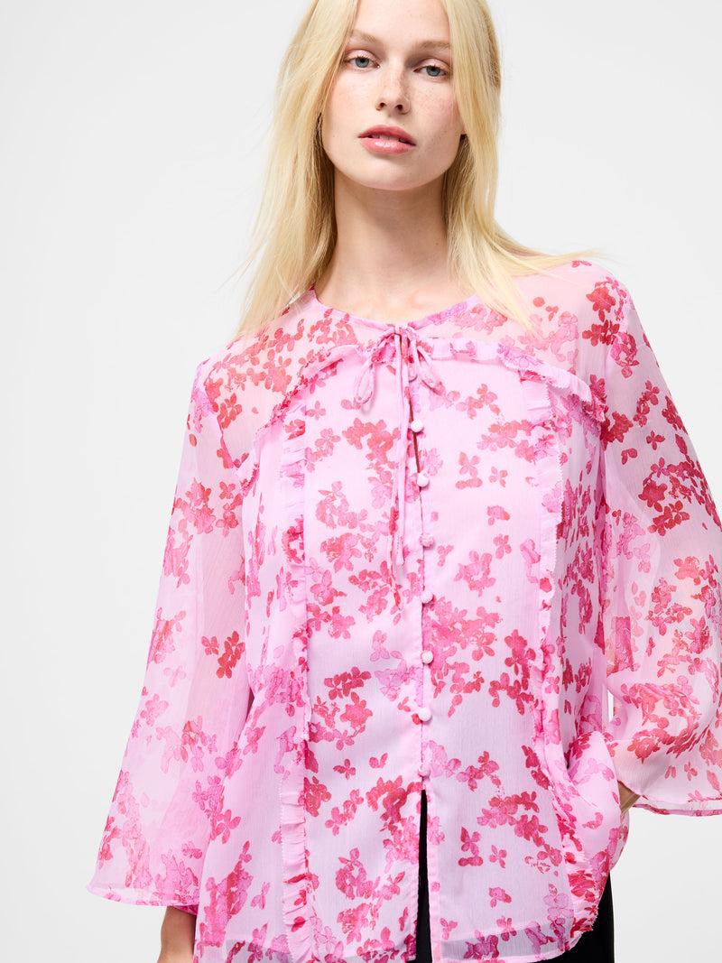 french connection Isla Hallie Crinkle Tie Neck Top Violet Pink Multi