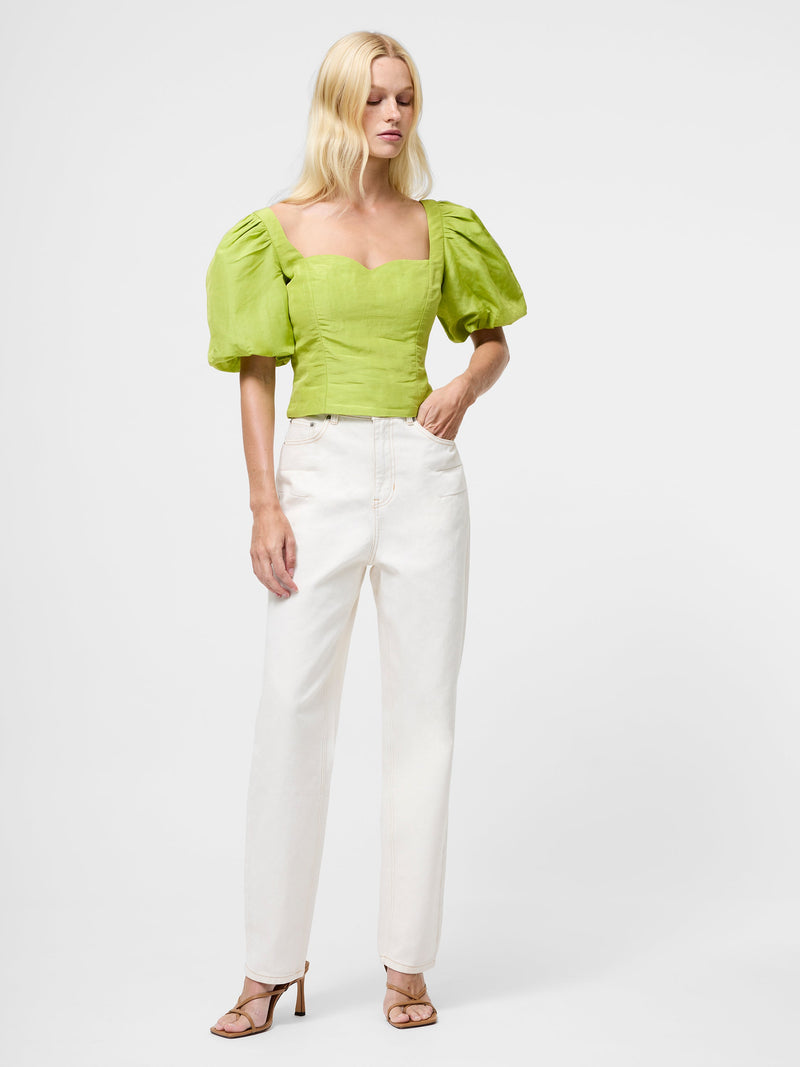 French Connection Islay Linen Puff Sleeve Cropped Top Cactus Green