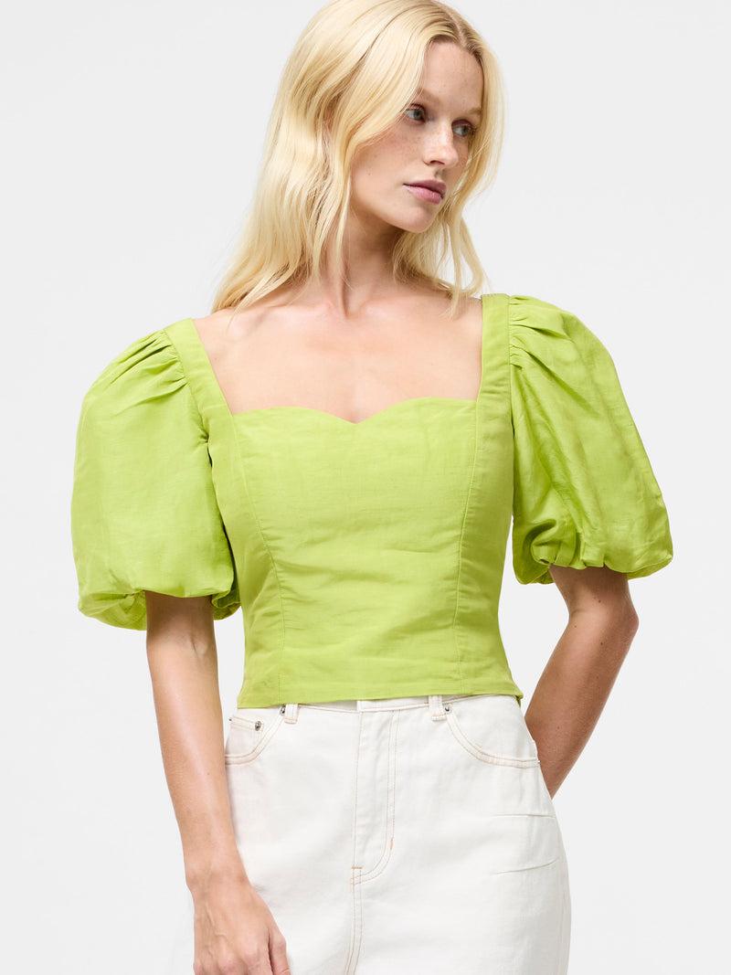 French Connection Islay Linen Puff Sleeve Cropped Top Cactus Green