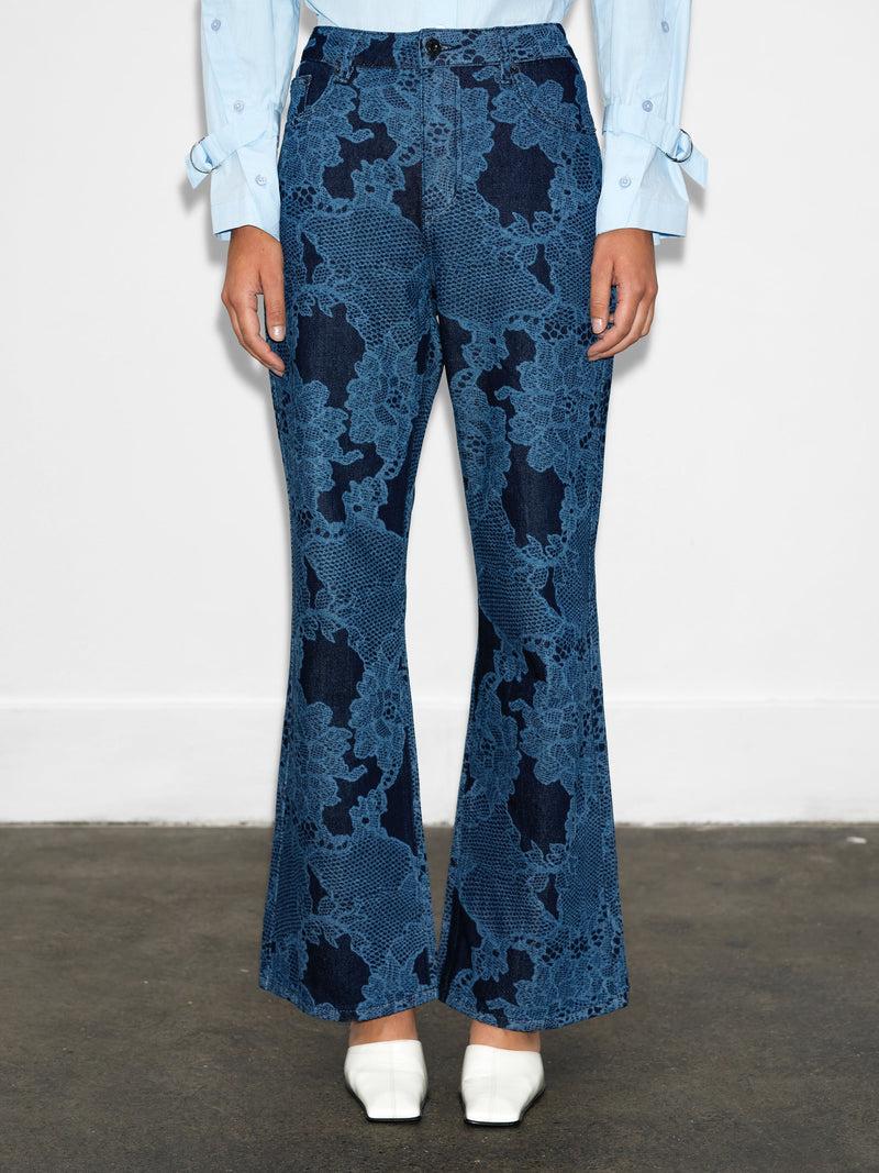 French Connection Jennie Denim Lace Print Flared Jeans Dark Indigo