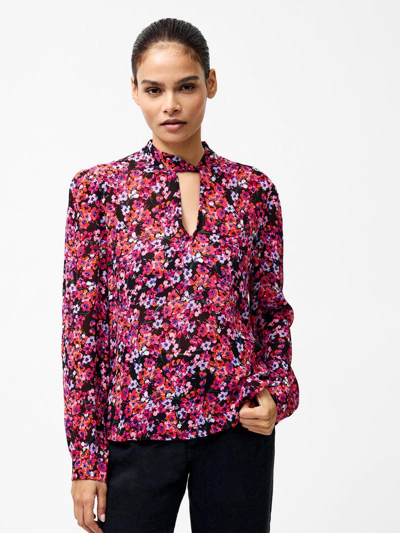 French Connection Jennifer Long Sleeve Keyhole Blouse Black Multi