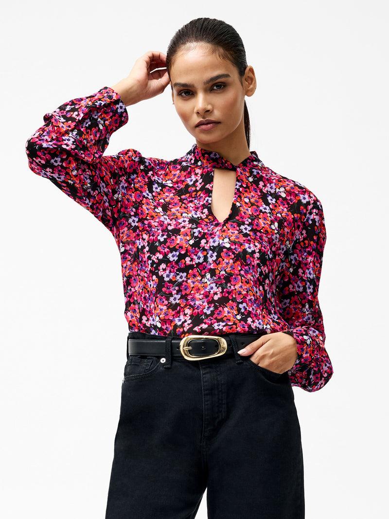 french connection Jennifer Long Sleeve Keyhole Blouse Black Multi