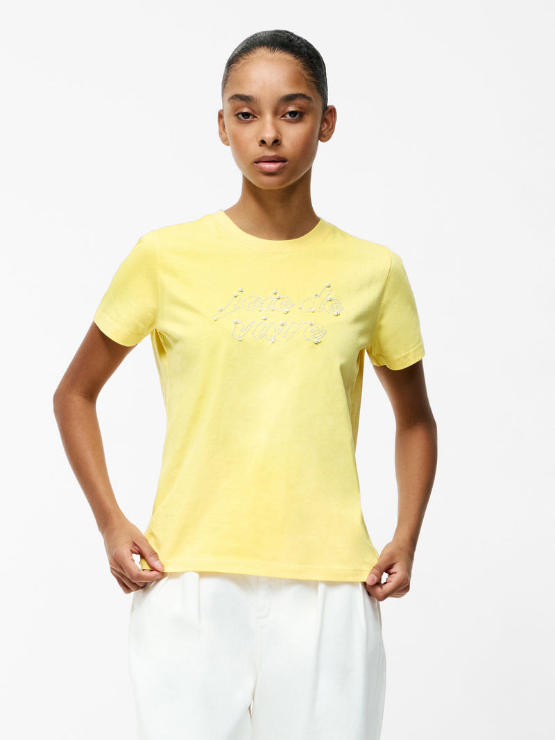 french connection Joie De Vivre Embellished Short Sleeve T-Shirt Butter Yellow