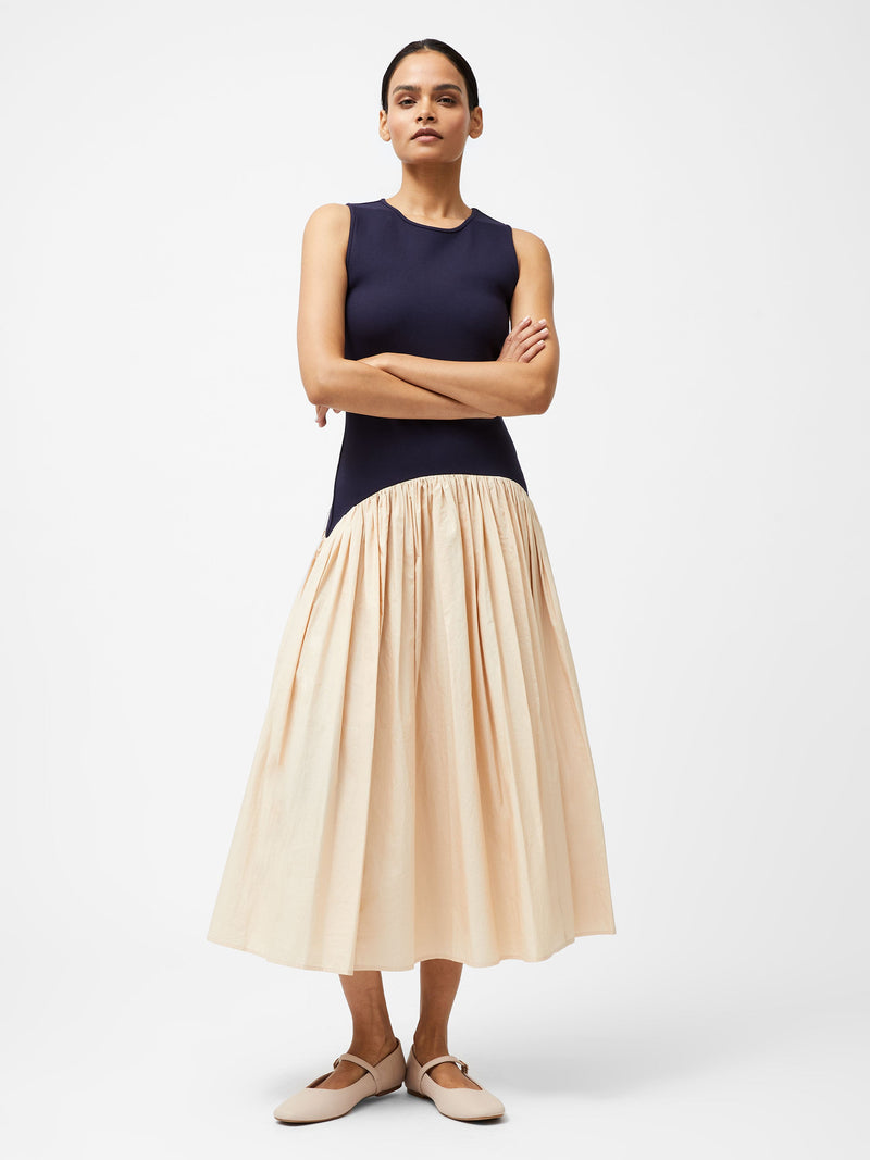 French Connection Kayle Jia Mix Drop Waist Midi Dress Navy/Biscuit