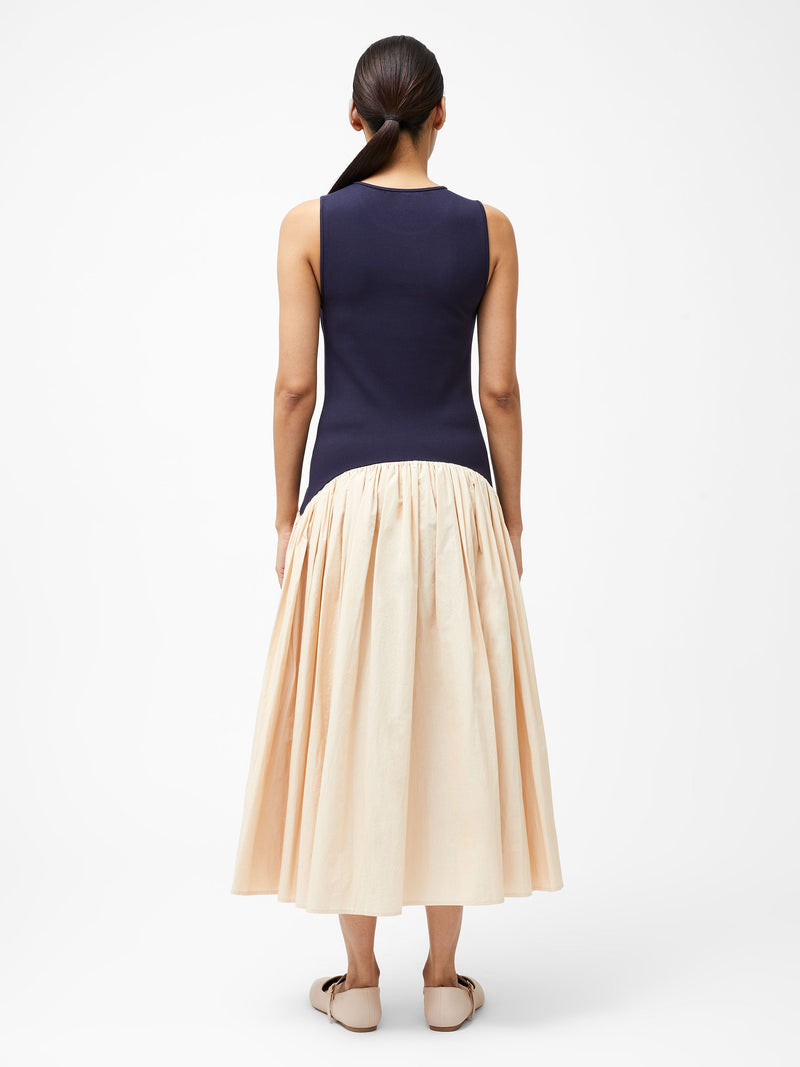 French Connection Kayle Jia Mix Drop Waist Midi Dress Navy/Biscuit