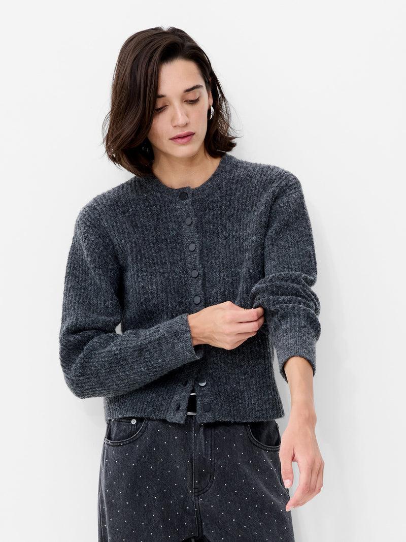 french connection Kezia Recycled Knit Long Sleeve Cardigan Graphite Mel