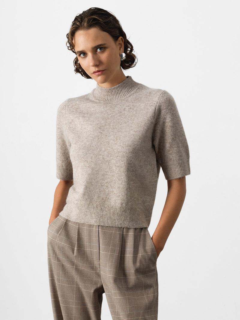 french connection Kezia Recycled Short Sleeve Mock Neck Jumper Almond Neutral
