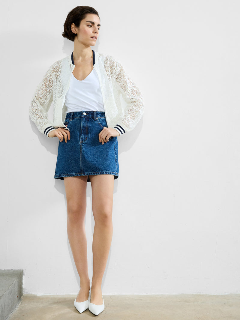 French Connection Krista Lace Mix Knit Bomber Jacket Summer White/Navy