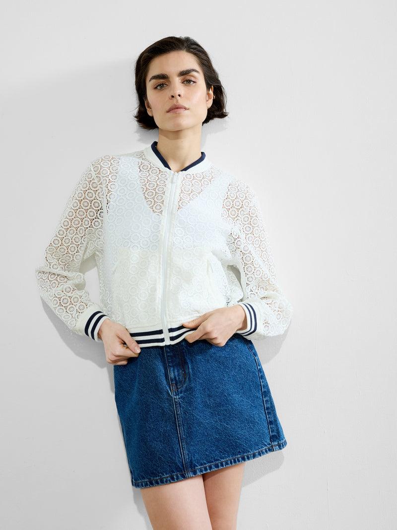 french connection Krista Lace Mix Knit Bomber Jacket Summer White/Navy