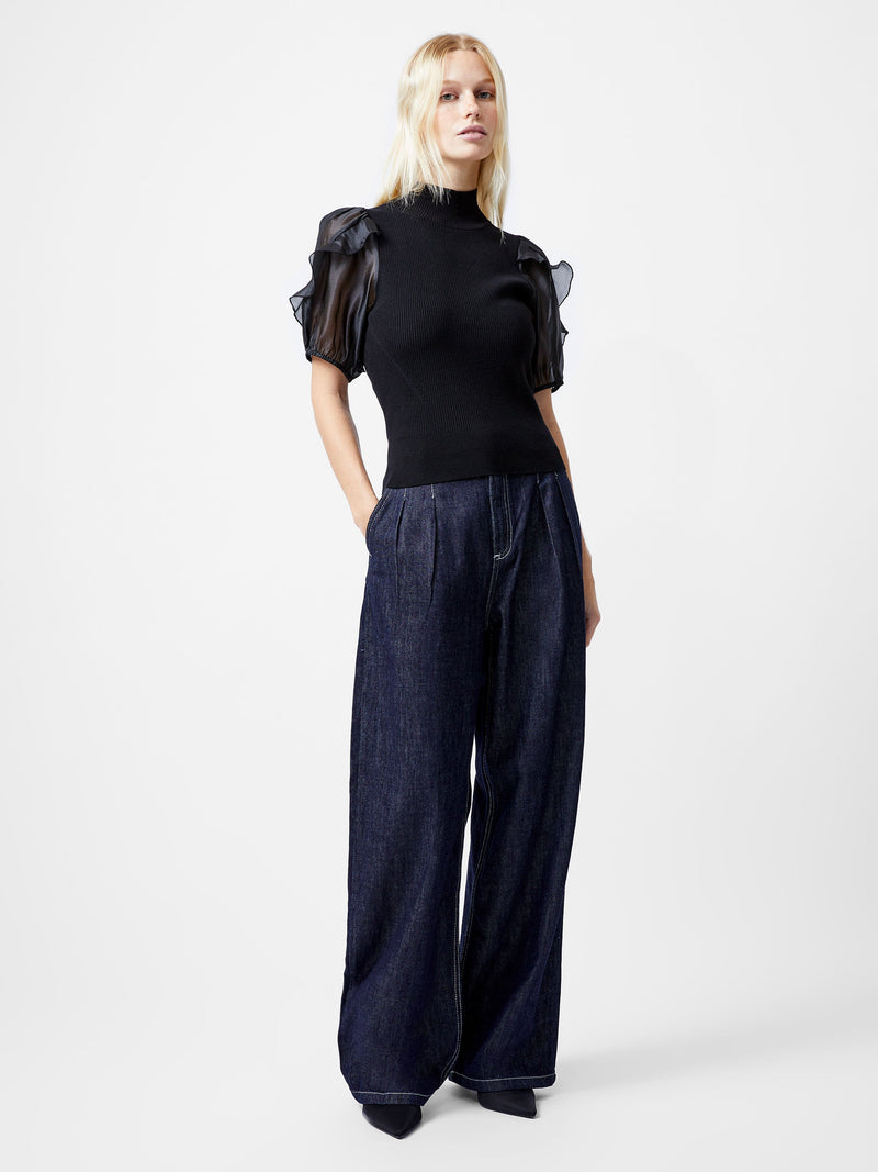 French Connection Kristine Organza Short Puff Sleeve Top Black