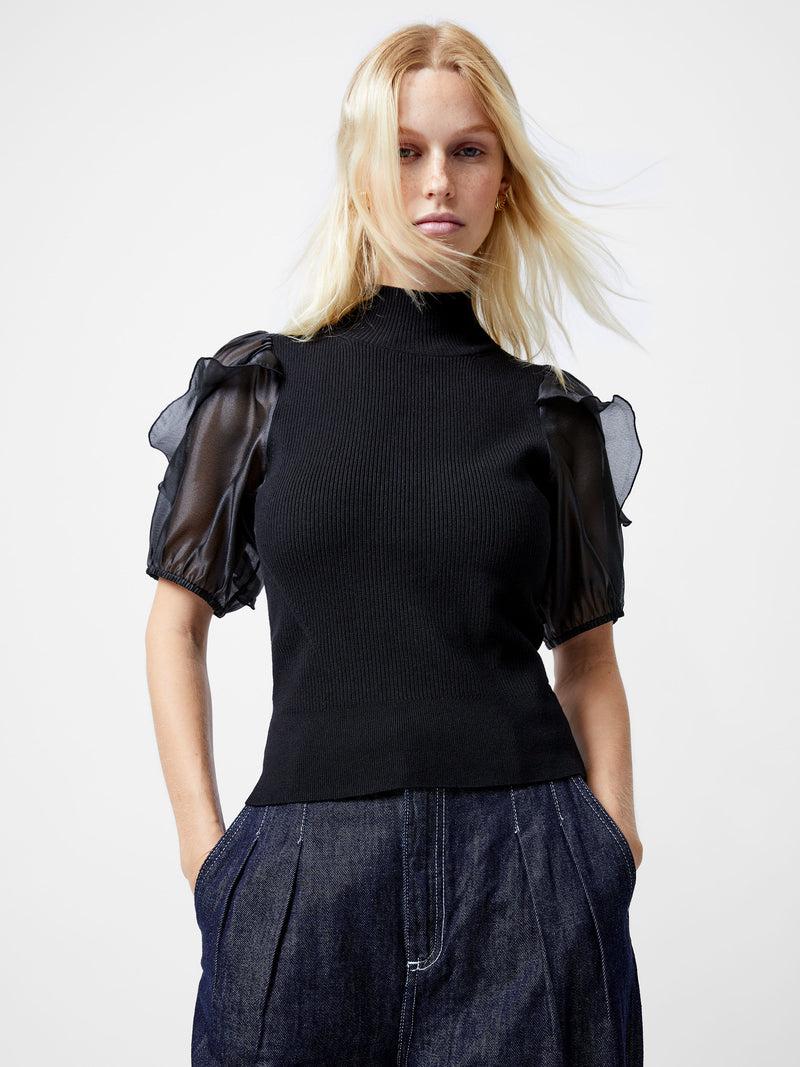 French Connection Kristine Organza Short Puff Sleeve Top Black