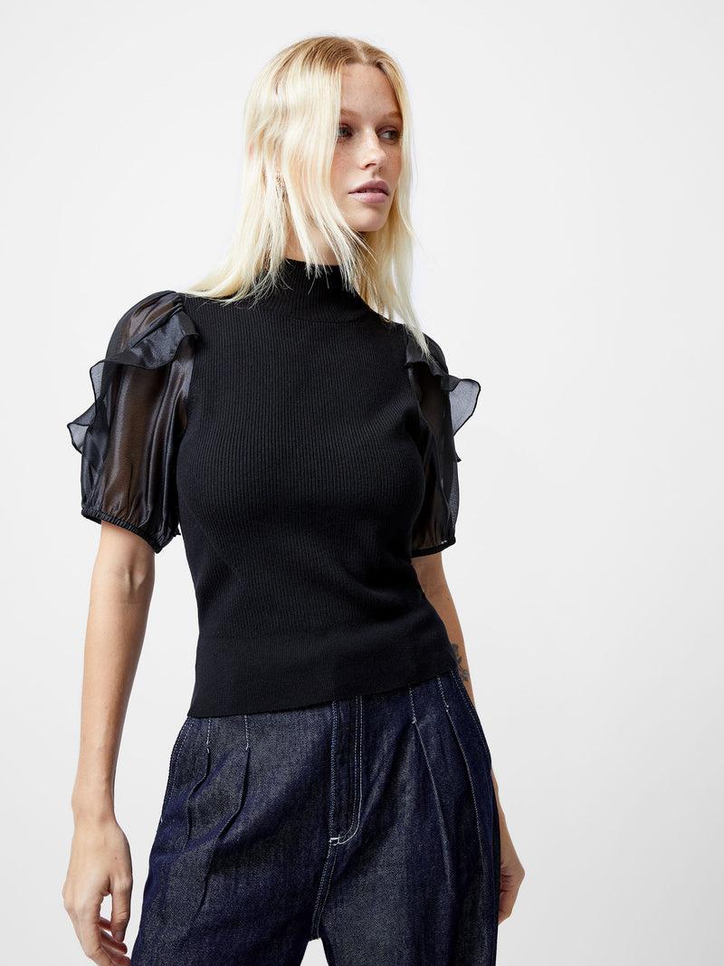 french connection Kristine Organza Short Puff Sleeve Top Black