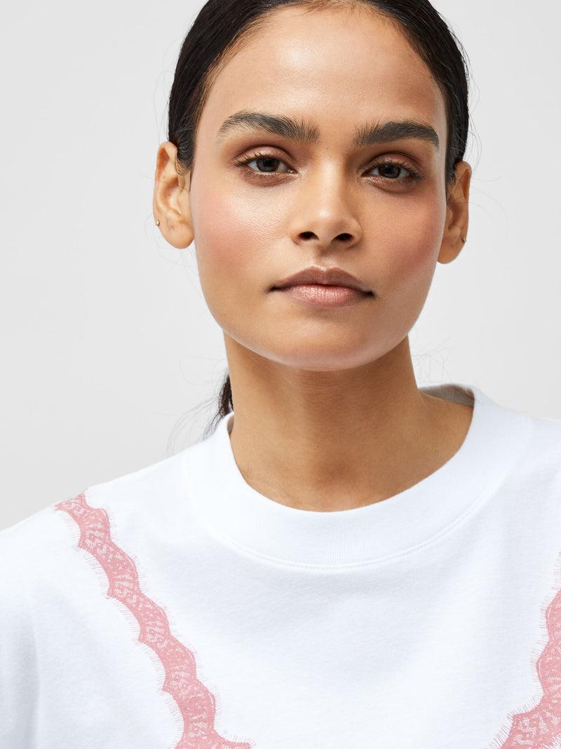 French Connection Lace Bra Graphic T-Shirt Linen White/Pink