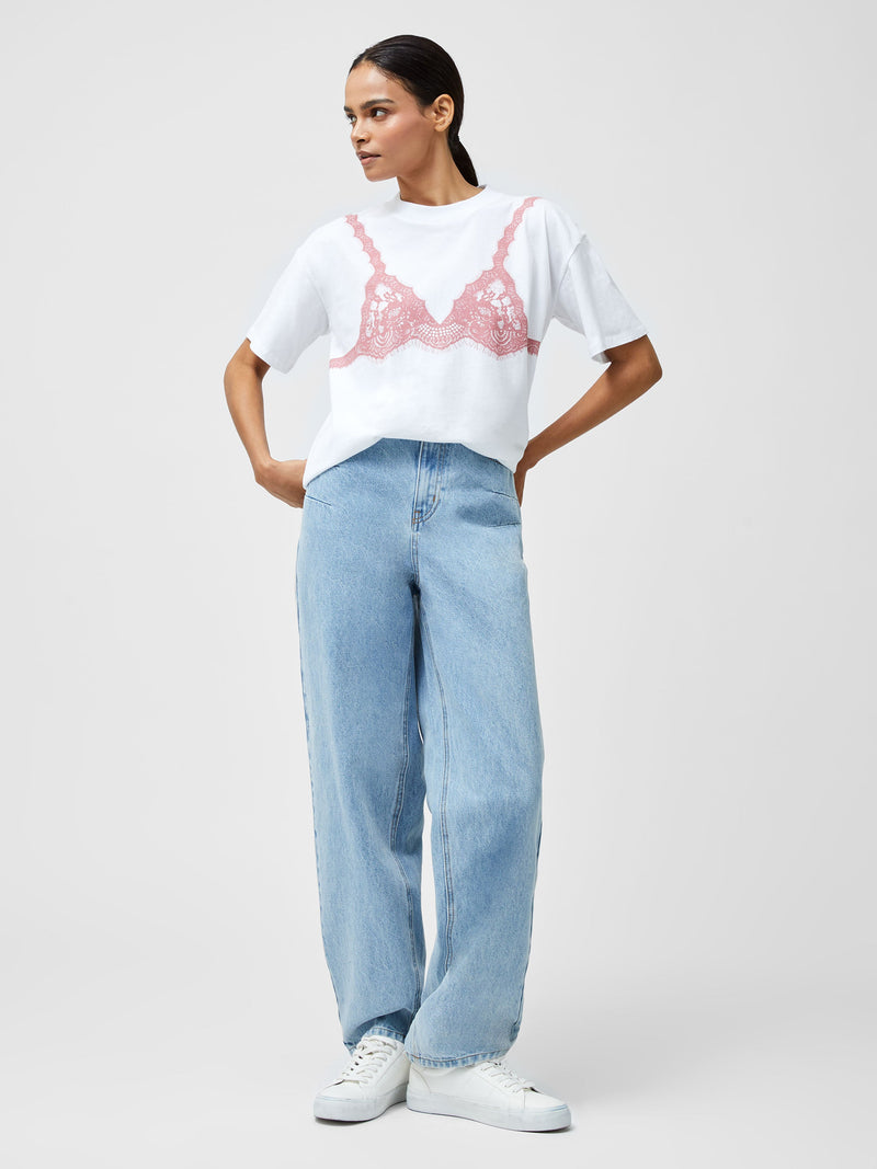 French Connection Lace Bra Graphic T-Shirt Linen White/Pink