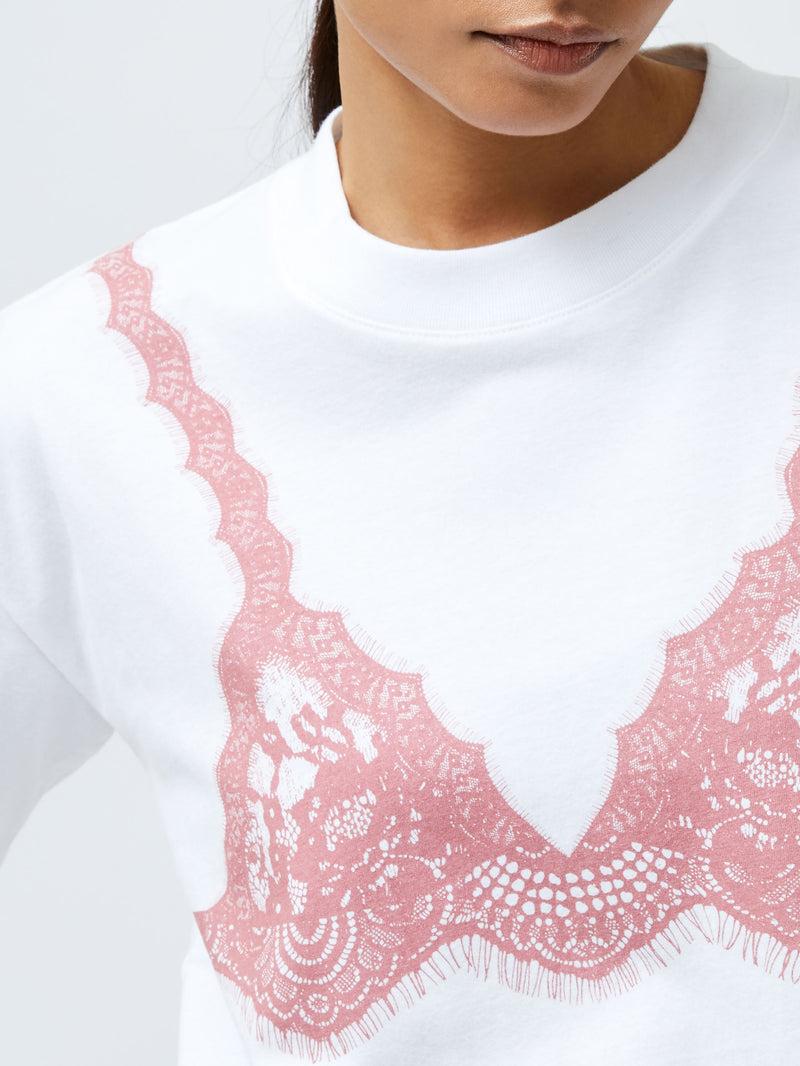 French Connection Lace Bra Graphic T-Shirt Linen White/Pink