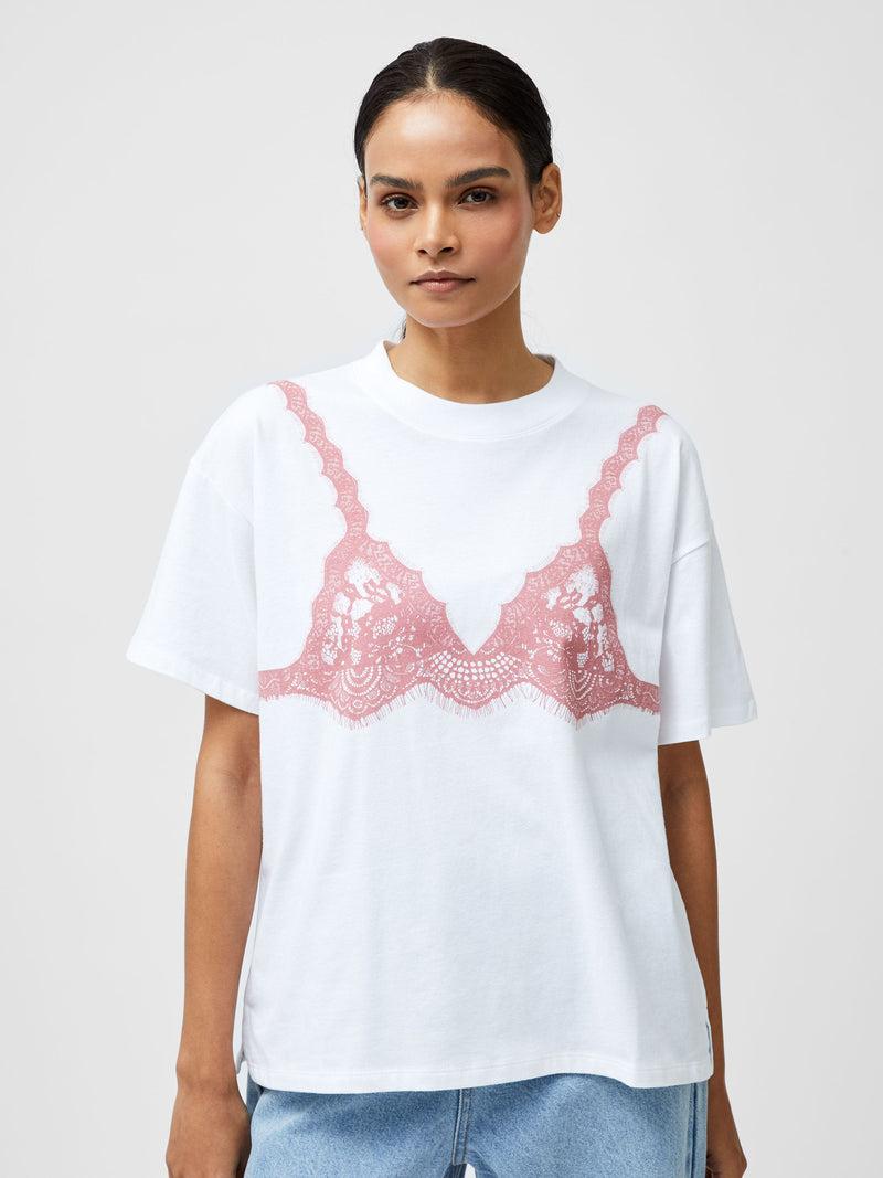 french connection Lace Bra Graphic T-Shirt Linen White/Pink
