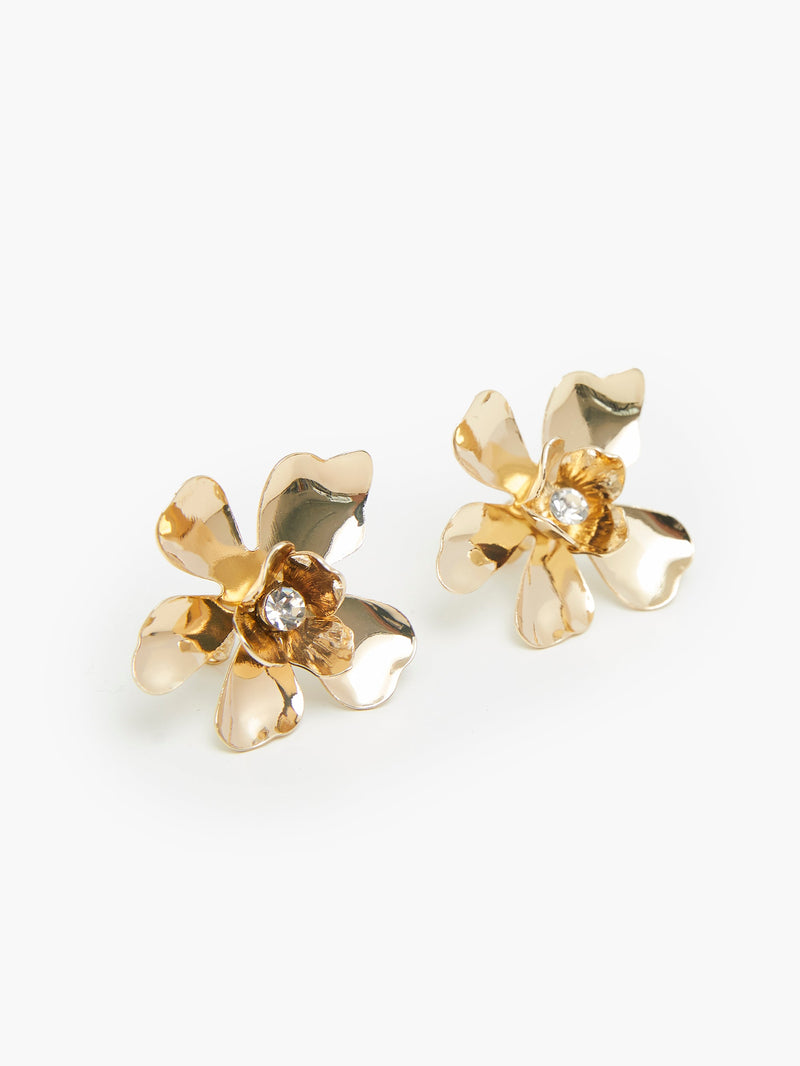 French Connection Large Floral Diamante Stud Earrings Gold/Diamente