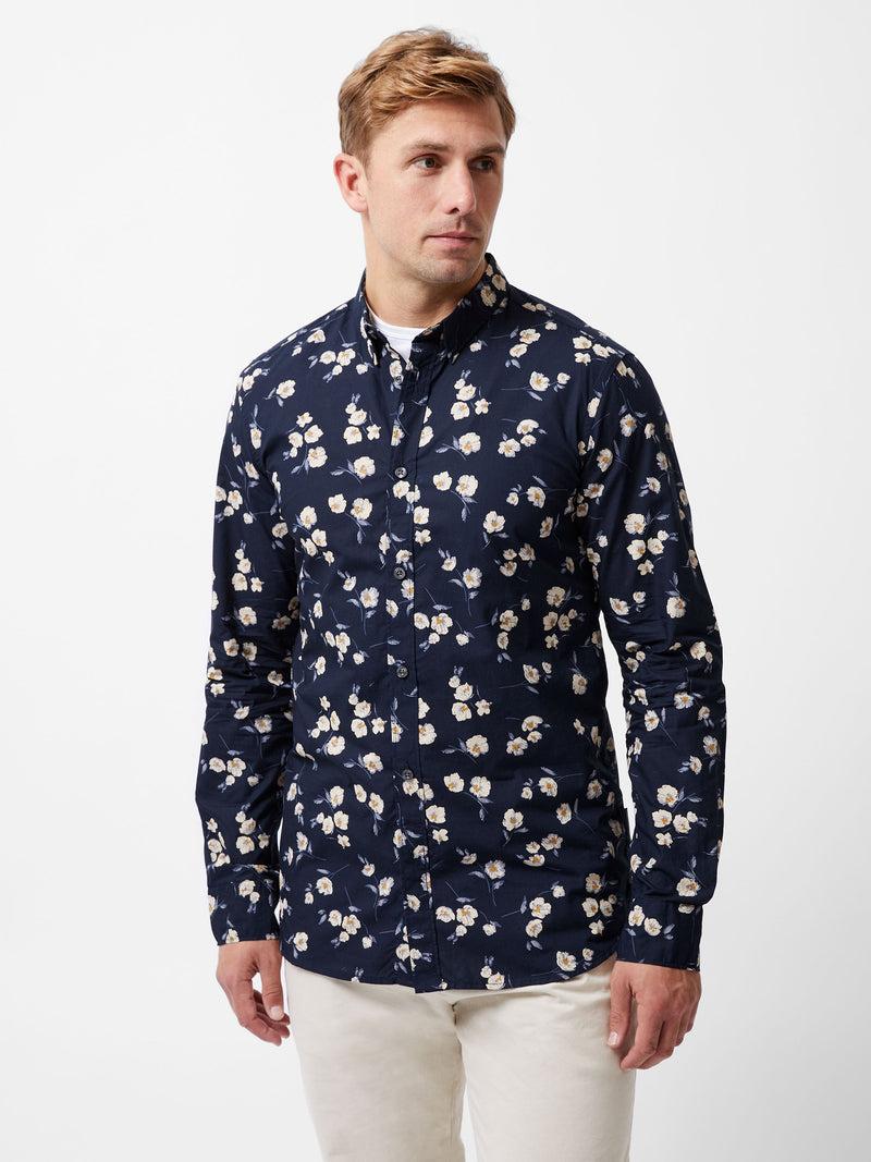 french connection Large Floral Long Sleeve Shirt Marine