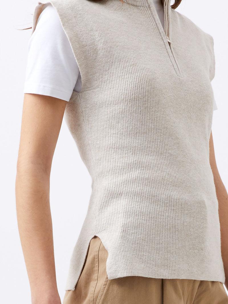 French Connection Lightweight Recycled Vhari Half Zip Vest Oatmeal Mel