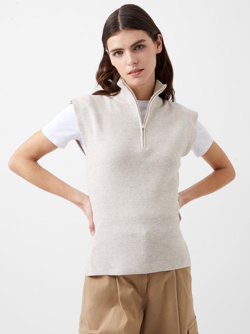 french connection Lightweight Recycled Vhari Half Zip Vest Oatmeal Mel