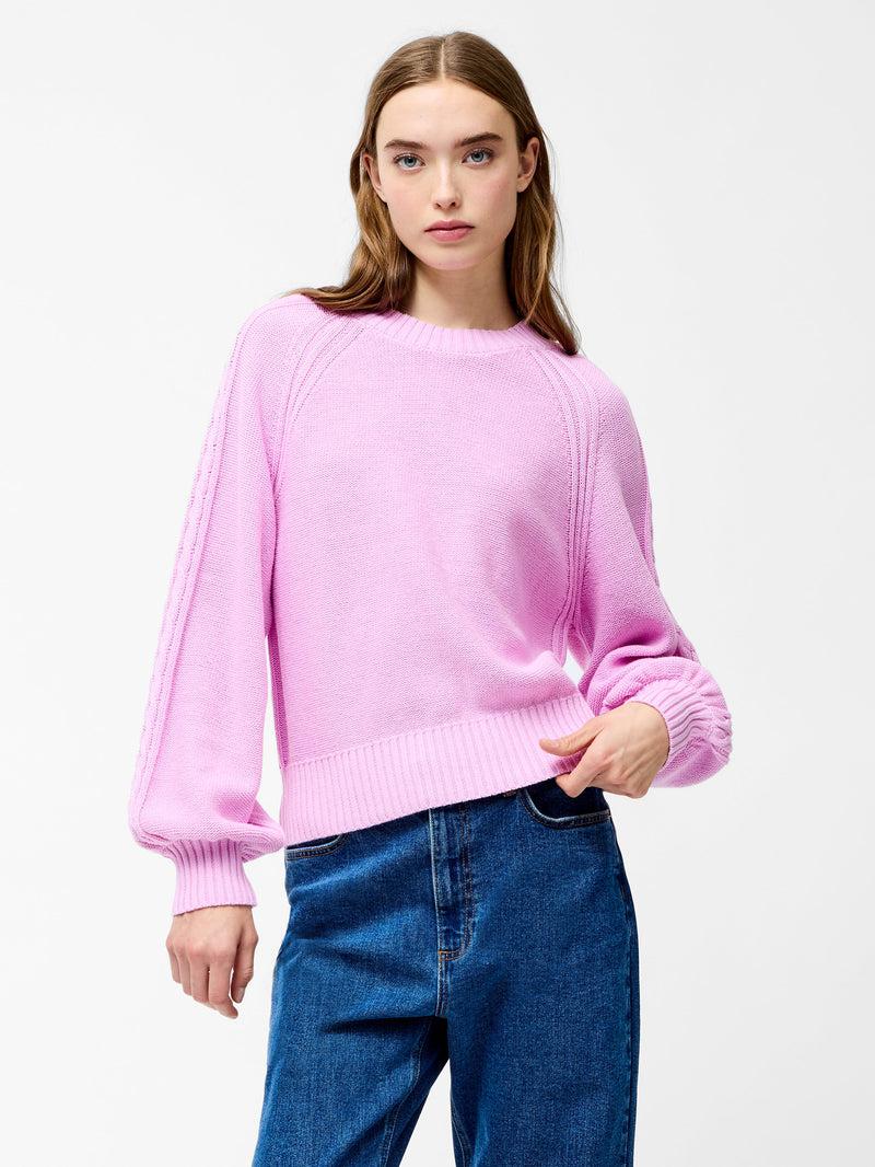 French Connection Lily Cable Knit Balloon Sleeve Jumper Bubblegum Pink