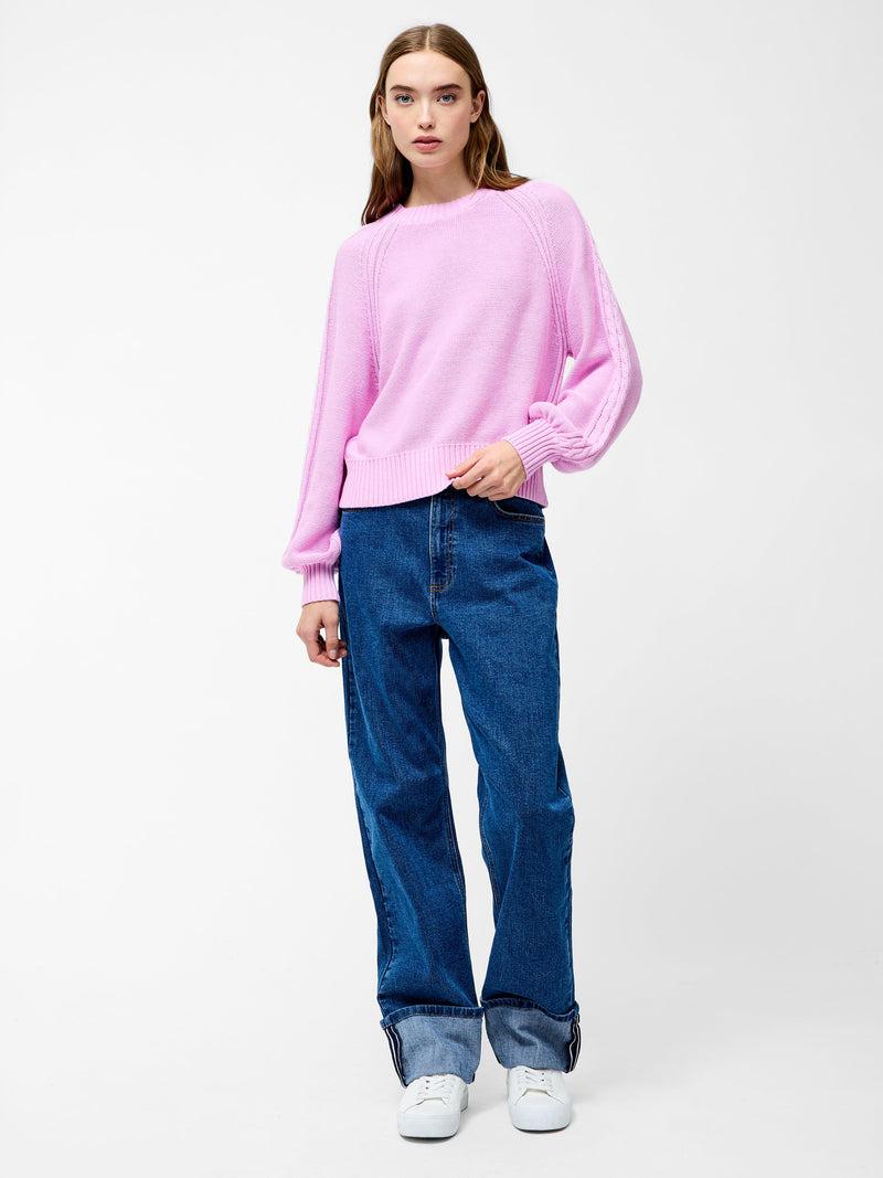 French Connection Lily Cable Knit Balloon Sleeve Jumper Bubblegum Pink
