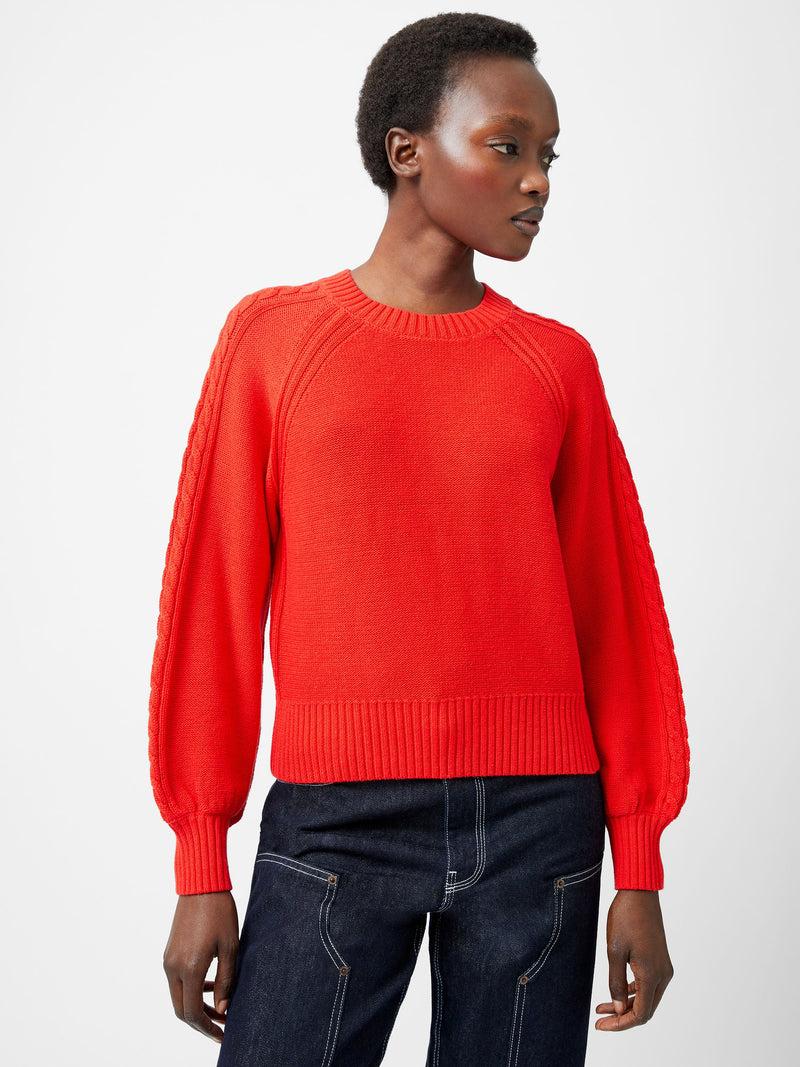 French Connection Lily Cable Knit Balloon Sleeve Jumper Scarlet Red