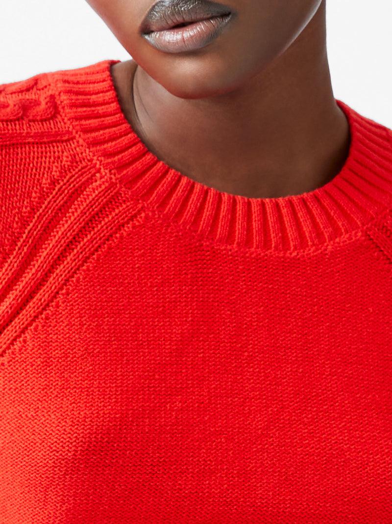 French Connection Lily Cable Knit Balloon Sleeve Jumper Scarlet Red