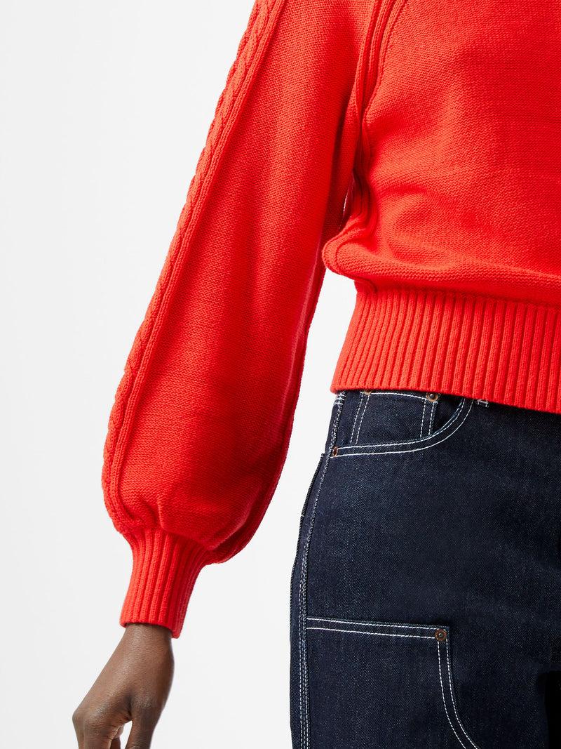 French Connection Lily Cable Knit Balloon Sleeve Jumper Scarlet Red