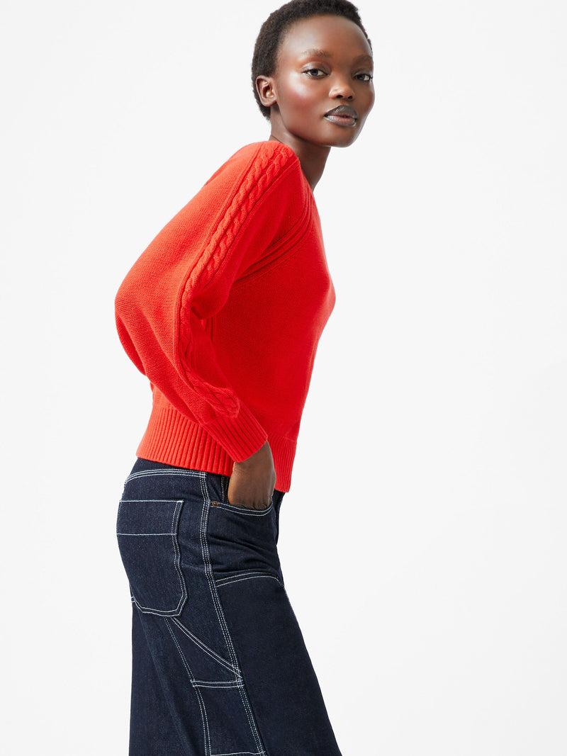 french connection Lily Cable Knit Balloon Sleeve Jumper Scarlet Red